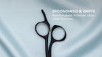 Friseurschere "Earendel Black" – Poesie der Nacht von LEADER mit ergonomischen Griffen für langanhaltenden Komfort beim Haarschneiden.