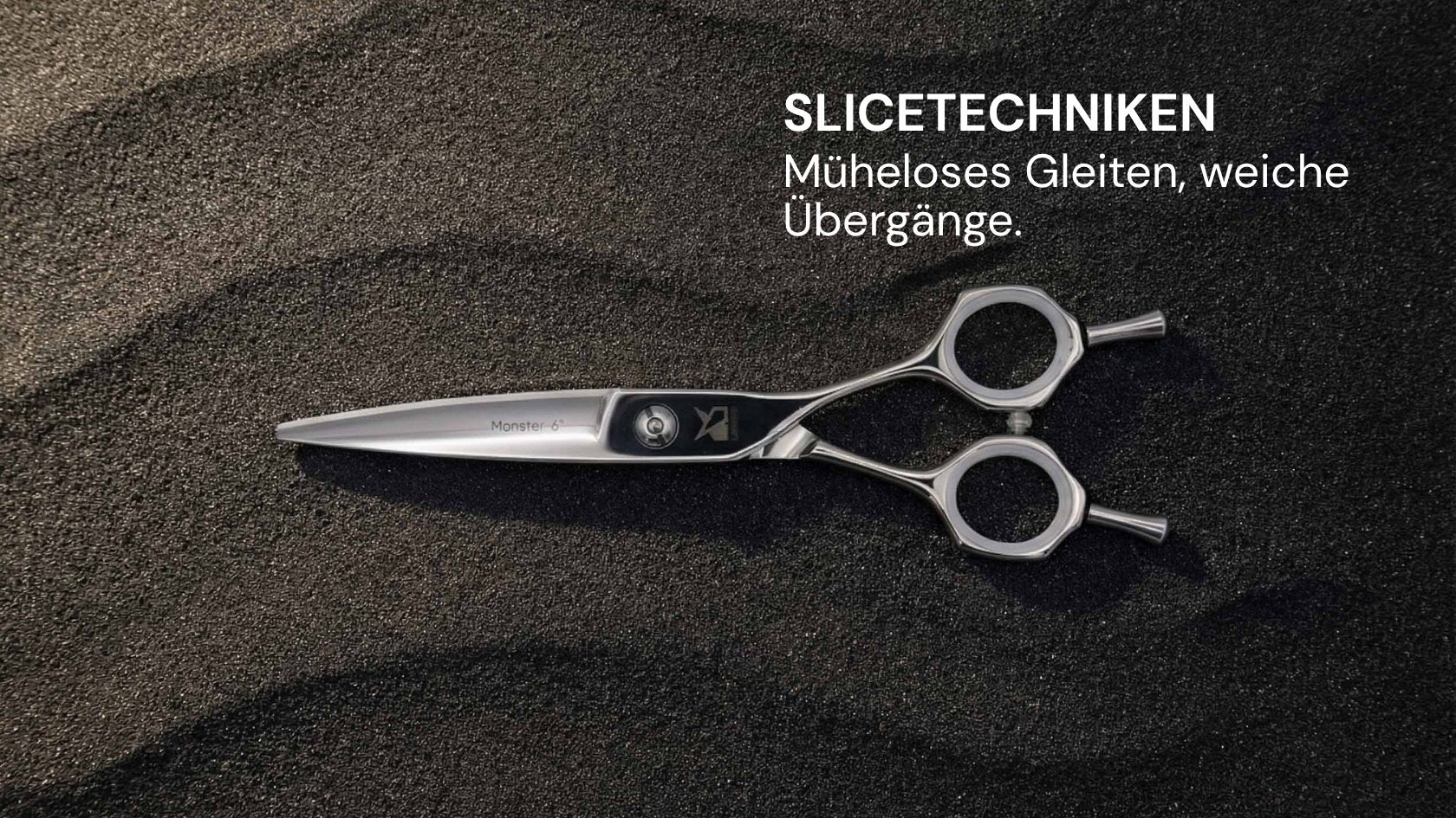 Friseurschere "Monster" – Kraftvolle Präzision von LEADER mit innovativer Slicetechnik für sanfte Haarschnitte und ruhigen Lauf.