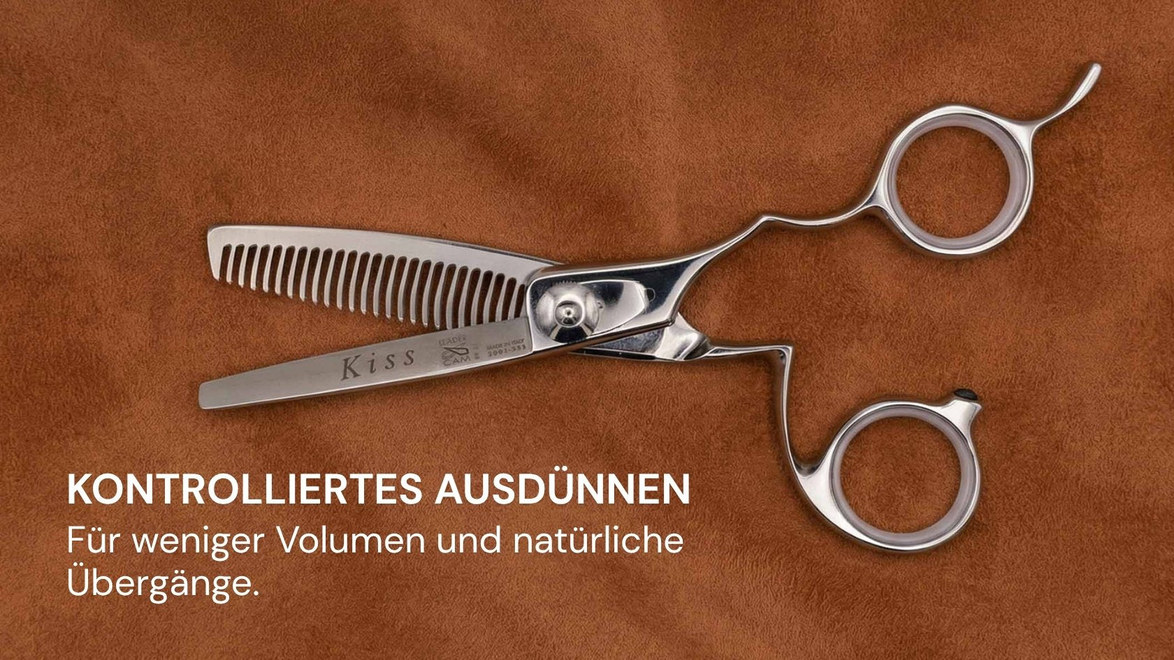Friseurschere "Kiss Thinner" – Makellose Sanftheit von LEADER für präzises, kontrolliertes Ausdünnen und natürlichen Look.